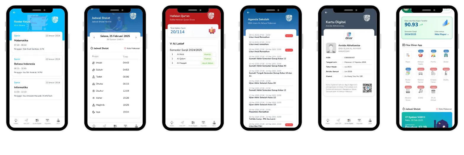 Tampilan aplikasi Dinar: roster kelas, jadwal shalat, hafalan Qur'an, agenda sekolah, kartu digital, dan e-rapor